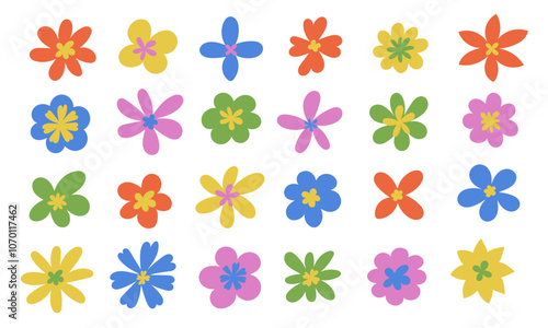 Groovy set of simple drawn flowers. Hippie stickers. Modern abstract multicolor flower. Vintage decorative design element.