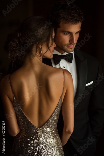 A man and a woman are posing for a photo in a black dress and a tuxedo