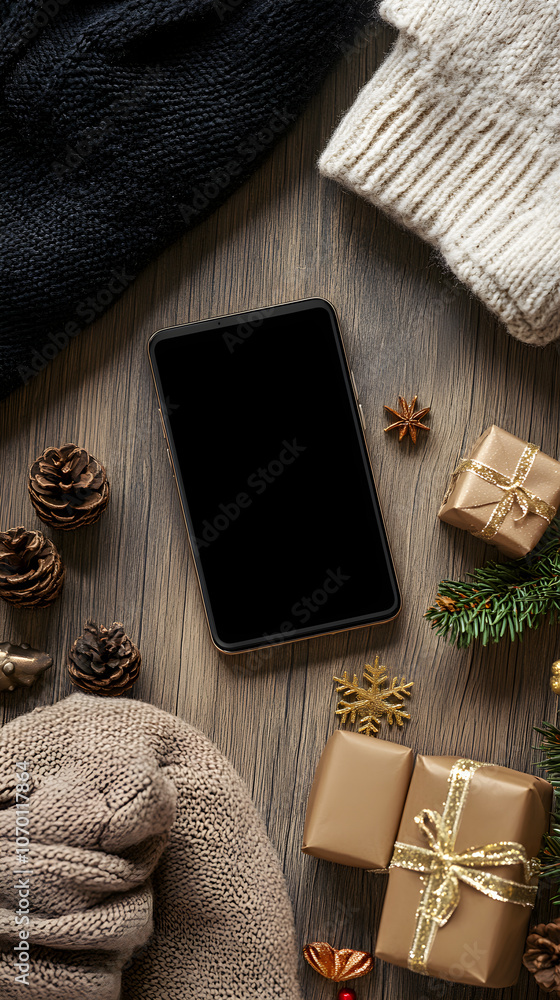 Fototapeta premium A smartphone lies on a wooden surface surrounded by cozy winter fabrics, pine cones, and small wrapped gifts creating a minimalist holiday vibe