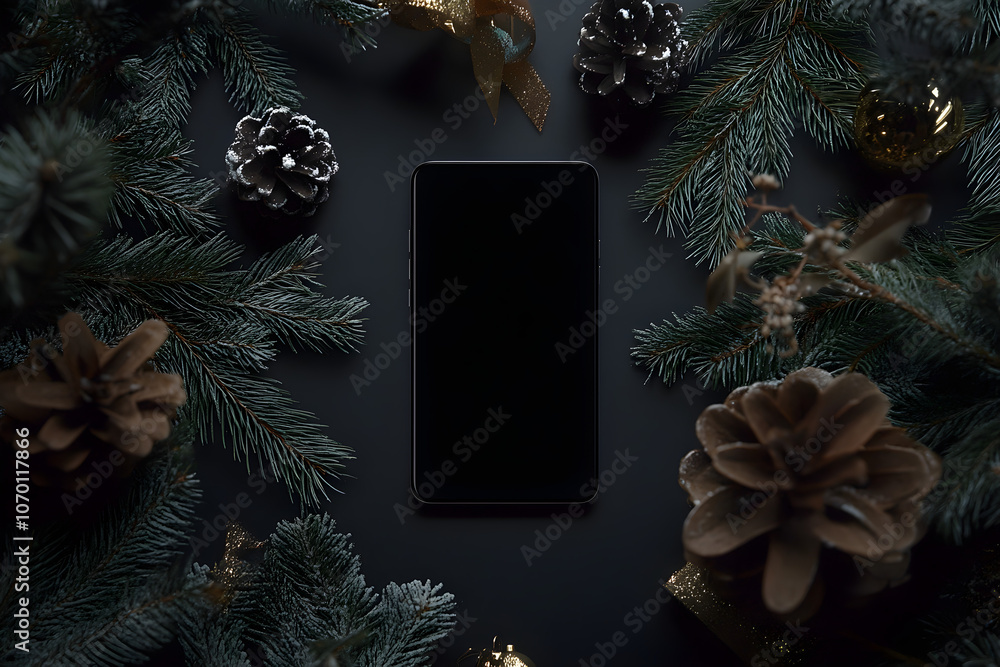 Naklejka premium A smartphone is centered among evergreen branches and pinecones, decorated with glittering ornaments, creating a minimalist and festive aesthetic