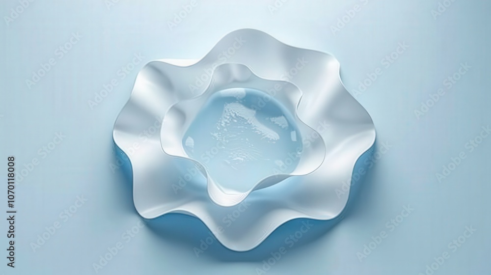 A delicate, wavy glass bowl with a translucent blue center, elegantly displayed against a soft blue background. A delicate, wavy glass bowl with a translucent blue center, elegantly displayed against a soft blue background.