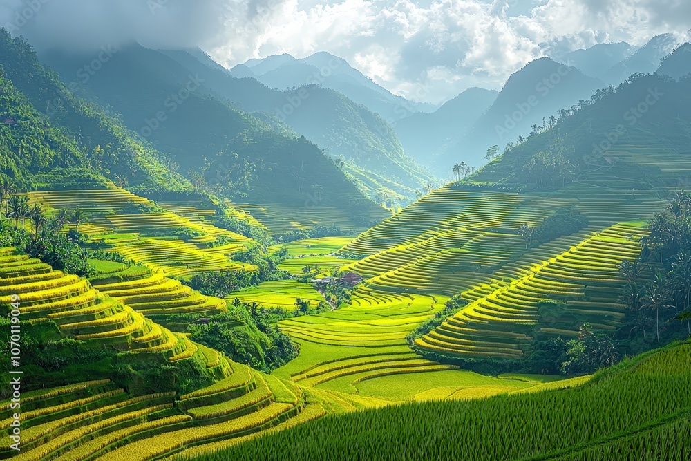 Breathtaking view of lush green terraced rice fields in majestic mountain landscape Breathtaking view of lush green terraced rice fields in majestic mountain landscape