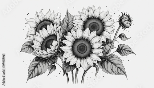 Elegant Line Art Sunflower Bouquet - Botanical Vector Illustration on White Background.