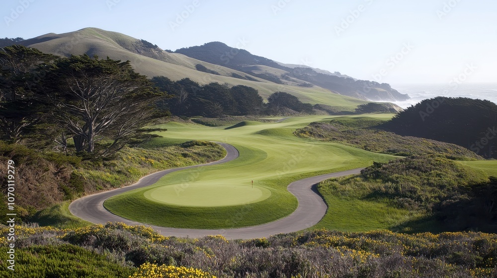 Explore the tranquility of a serene golf course with a winding path surrounded by nature's beauty Explore the tranquility of a serene golf course with a winding path surrounded by nature's beauty