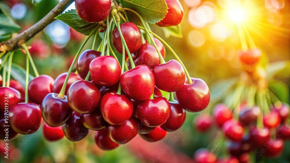 Ripe Cherries on Branch, Berry Orchard Photography Ripe Cherries on Branch, Berry Orchard Photography