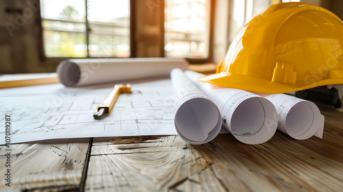 Yellow hard hat and blueprints on wooden table. Construction concept.