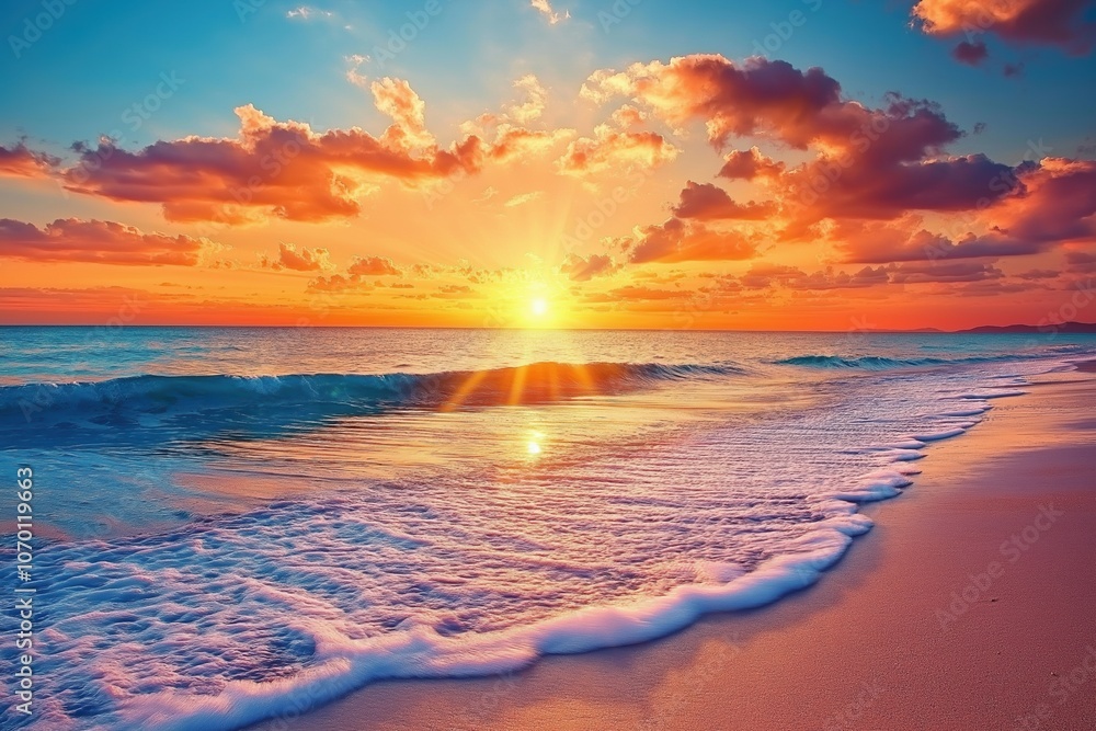 Fototapeta premium The sun is setting over the ocean, casting a warm glow on the water. The sky is filled with clouds, creating a serene and peaceful atmosphere. The waves gently lap against the shore