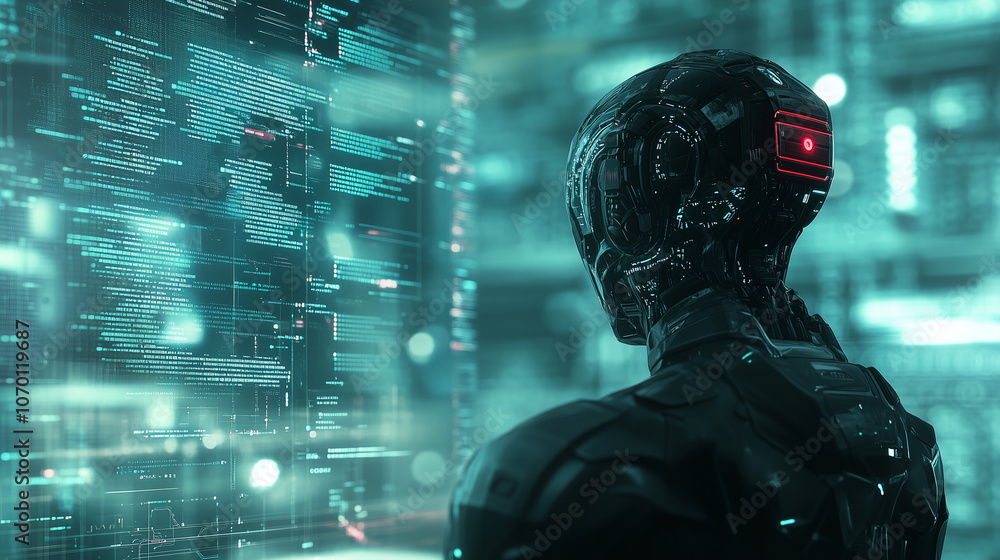 Agent AI z futurystycznym wyglądem, który koduje w otoczeniu pulsujących linii kodu