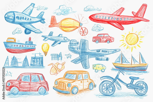 Colorful collection of transport modes in childlike crayon style for creative designs photo