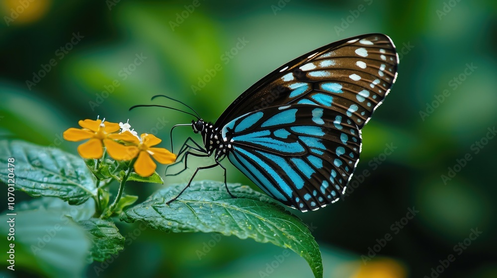 A blue and black butterfly with white spots perched on a yellow flower with green leaves.
