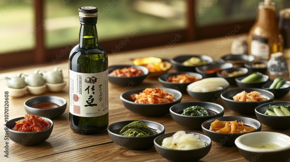 Fototapeta premium Soju bottle with an array of Korean side dishes on a table, with kimchi, pickled vegetables, and dipping sauces in small bowls.