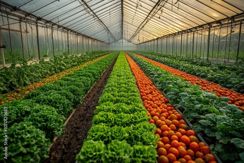 Organic greenhouse with lush vegetables and vibrant tomatoes in neat rows photo