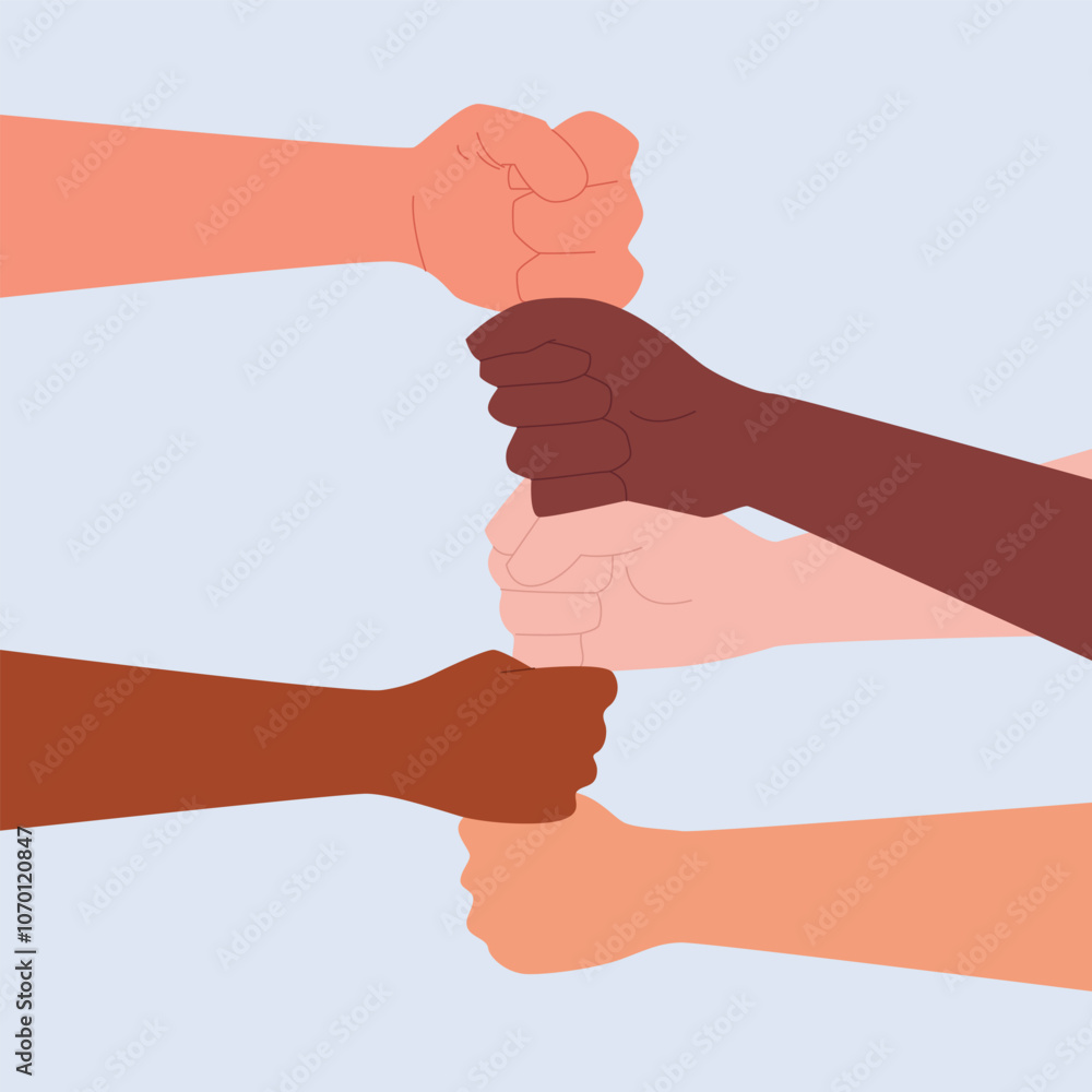 Equality and Disability Multiracial Group Concept. Hands of Black, Asian and Caucasian people - Symbol of Unity Support. Flat Vector Illustration. Equality and Disability Multiracial Group Concept. Hands of Black, Asian and Caucasian people - Symbol of Unity Support. Flat Vector Illustration.
