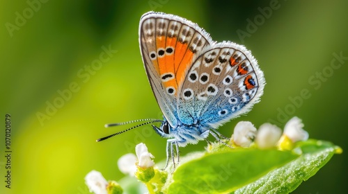 Wallpaper Mural A blue, orange, and brown butterfly with black spots on its wings is perched on a green leaf with white flowers. Torontodigital.ca