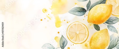 Watercolor painting of lemons and leaves with yellow splatters on a white background. photo