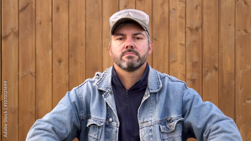 Man taking off protective glasses. Wooden wall in the background. Working man. Adult. 40-45 years old. Close-up. Outdoors. Farmer. Denim jacket. Business