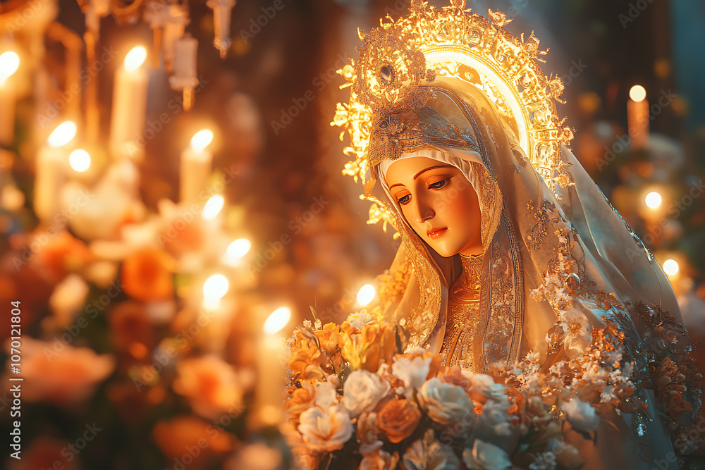 photo of an icon of the Mother of God in a traditional style, with candles and reverent decoration. photo of an icon of the Mother of God in a traditional style, with candles and reverent decoration.