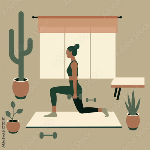 Flat Design Illustration of Woman Exercising at Home, Performing Lunges with Dumbbells in a Stylish Indoor Setting. Vector Art Representing Home Fitness, Healthy Lifestyle, and Personal Wellness. Idea