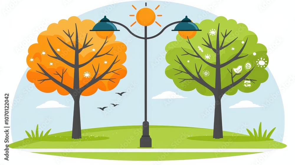 Obraz premium A serene park scene featuring two colorful trees, a streetlamp, and a bright sun, evoking a peaceful and vibrant outdoor atmosphere.