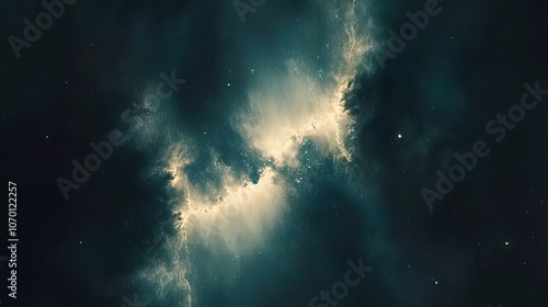 A swirling nebula of gas and dust illuminated by a distant star, creating a celestial spectacle of light and color.