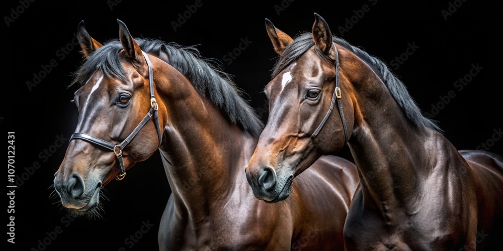 Obraz premium Two dark horses, isolated, panoramic, black backdrop.