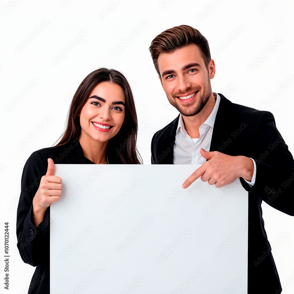 Two young people promoting a product with a blank sign Two young people promoting a product with a blank sign