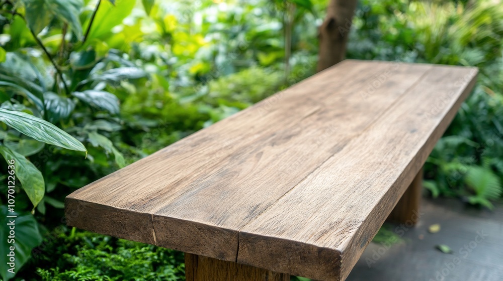 Wooden table in a lush garden. Wooden table in a lush garden.