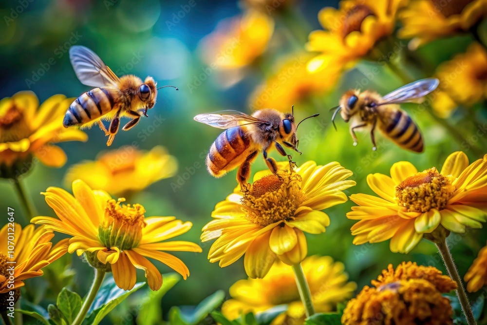 Aerial Photography of Bees Buzzing Around a Vibrant Yellow Flower in a Lush Garden, Nature's Beauty, Pollination, Springtime, Close-up View, Wildlife, Insects, Macro Photography Aerial Photography of Bees Buzzing Around a Vibrant Yellow Flower in a Lush Garden, Nature's Beauty, Pollination, Springtime, Close-up View, Wildlife, Insects, Macro Photography