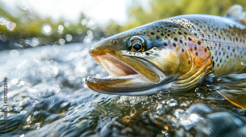 A brown trout leaps from the water with its mouth open, a splash of water around its head, and a green background. A brown trout leaps from the water with its mouth open, a splash of water around its head, and a green background.