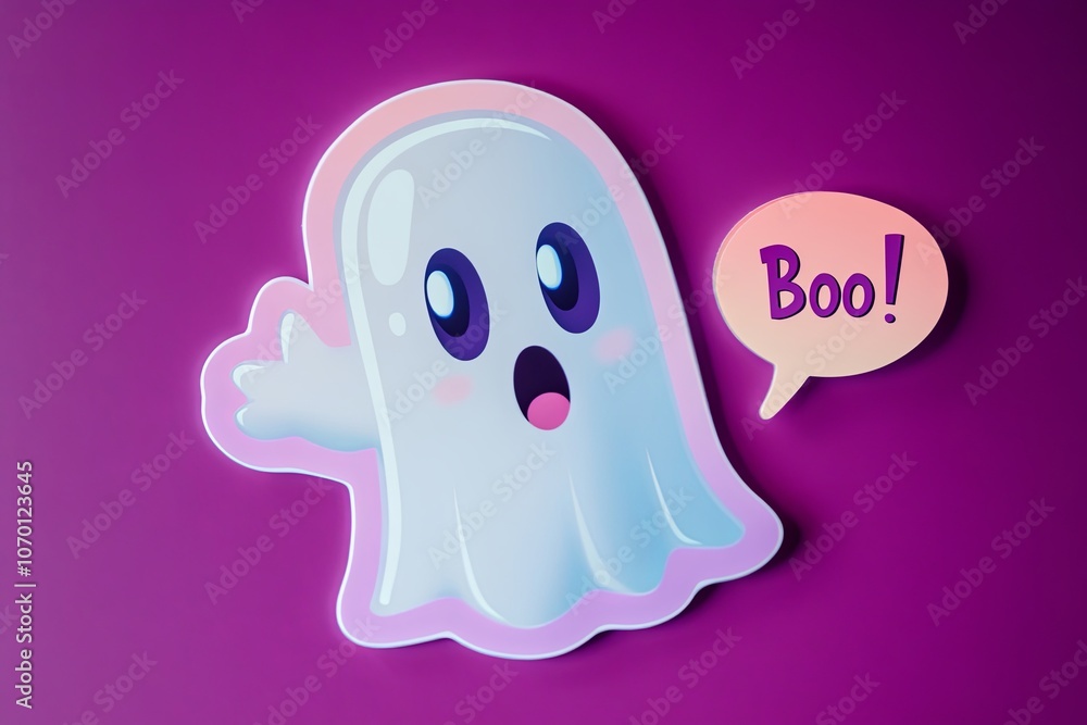A cute cartoon ghost with big eyes saying 'Boo!' against a vibrant purple background for Halloween decoration. Generative AI A cute cartoon ghost with big eyes saying 'Boo!' against a vibrant purple background for Halloween decoration. Generative AI