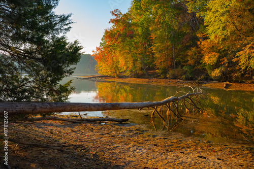 Fotografie A beautiful autumn morning on Chickamauga Lake, with fall colors reflected in th