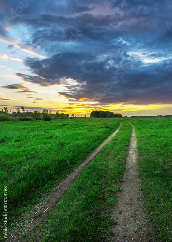 Road in a field with a sunset in the background