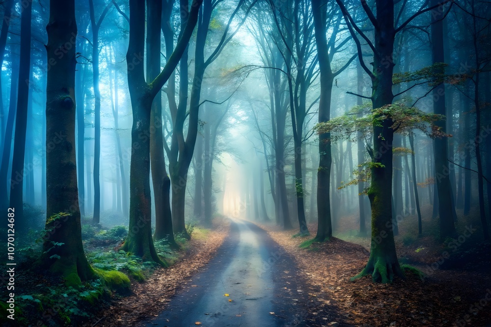 Fototapeta premium dark path in mysterious eerie forest with fog and mist