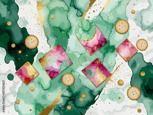 Abstract watercolor or alcohol ink art green background element with golden crackers. Pastel green marble drawing effect. template for wedding invitation,decoration, banner, background, png file