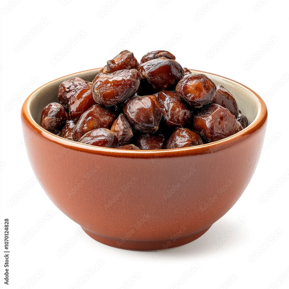 A bowl of dates, with brown glaze, isolated on a white background. A bowl of dates, with brown glaze, isolated on a white background.