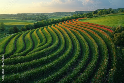 Vibrant sunset over curved cornfield rows in tranquil countryside landscape