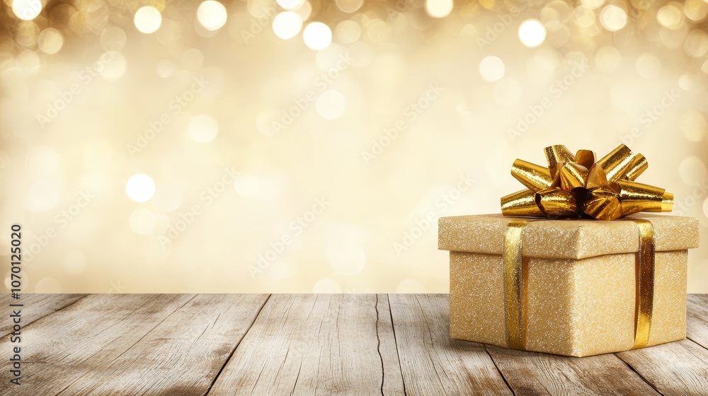 Elegant gold gift box with bow on rustic wooden table, perfect for celebrations and special occasions Elegant gold gift box with bow on rustic wooden table, perfect for celebrations and special occasions
