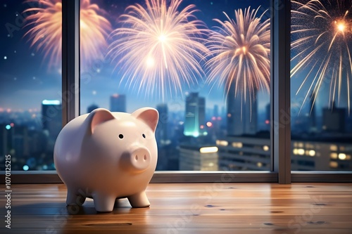 piggy bank next to firework window. New year finance resolution photo