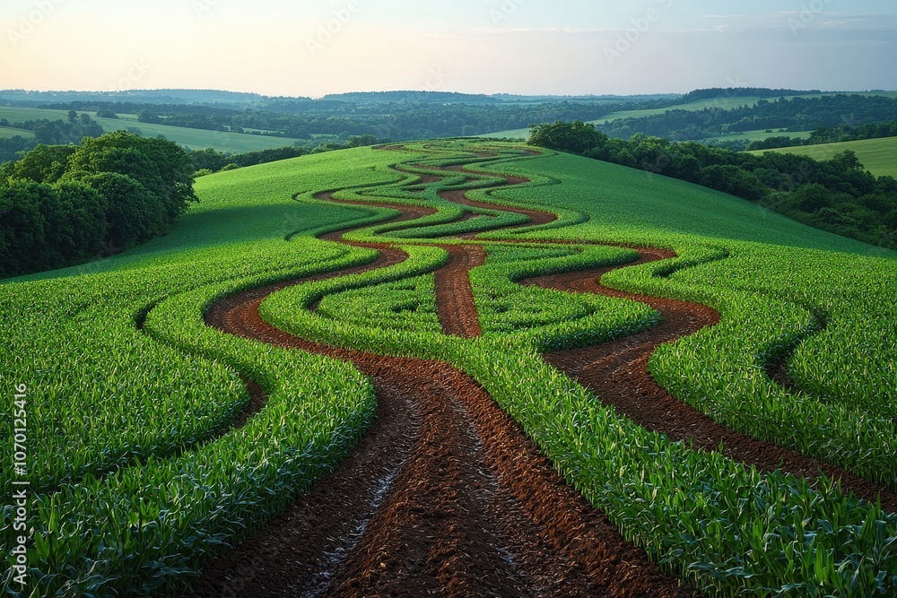 Curved crop patterns on rolling hills under a clear sky Curved crop patterns on rolling hills under a clear sky