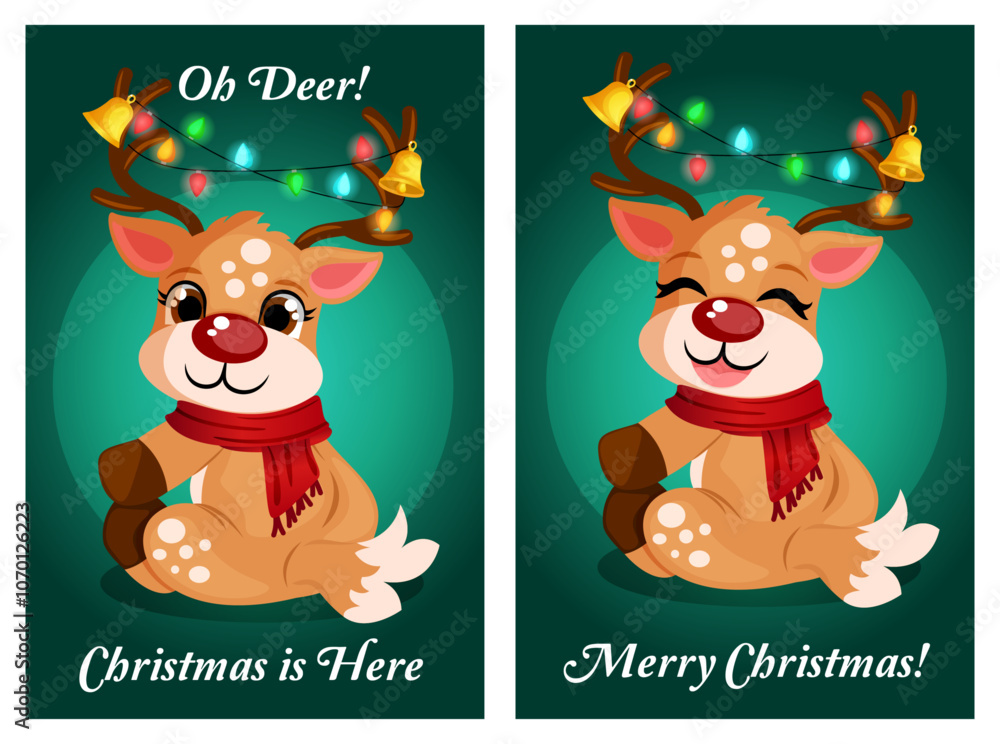 Fototapeta premium Oh Deer! Christmas is Here and Merry Christmas Greeting Card Designs with Cute Reindeer Illustrations