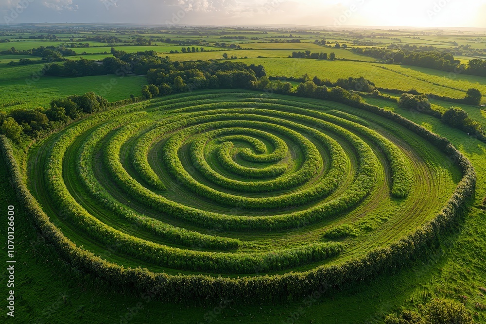 Aerial view of spiral maze in vibrant green field at sunrise Aerial view of spiral maze in vibrant green field at sunrise