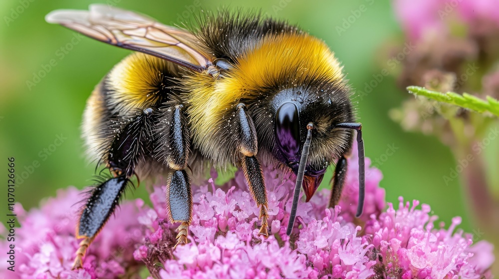 A close-up of a bumblebee collecting nectar from a pink flower. A close-up of a bumblebee collecting nectar from a pink flower.