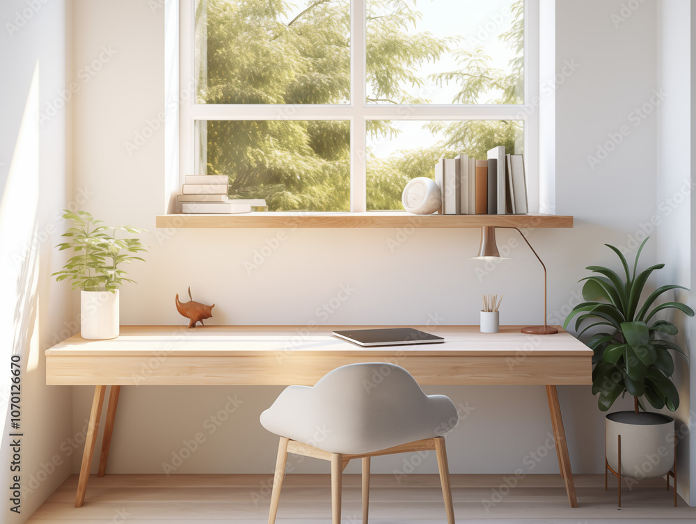 Fototapeta premium Minimalist interior design of a modern study room with a table, wooden shelves, and a window with a winter tree view. 