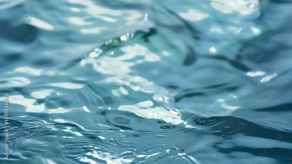Shimmering blue water surface. A smooth, rippling blue liquid surface reflecting soft light, creating abstract, watery patterns in motion. Abstract texture.
