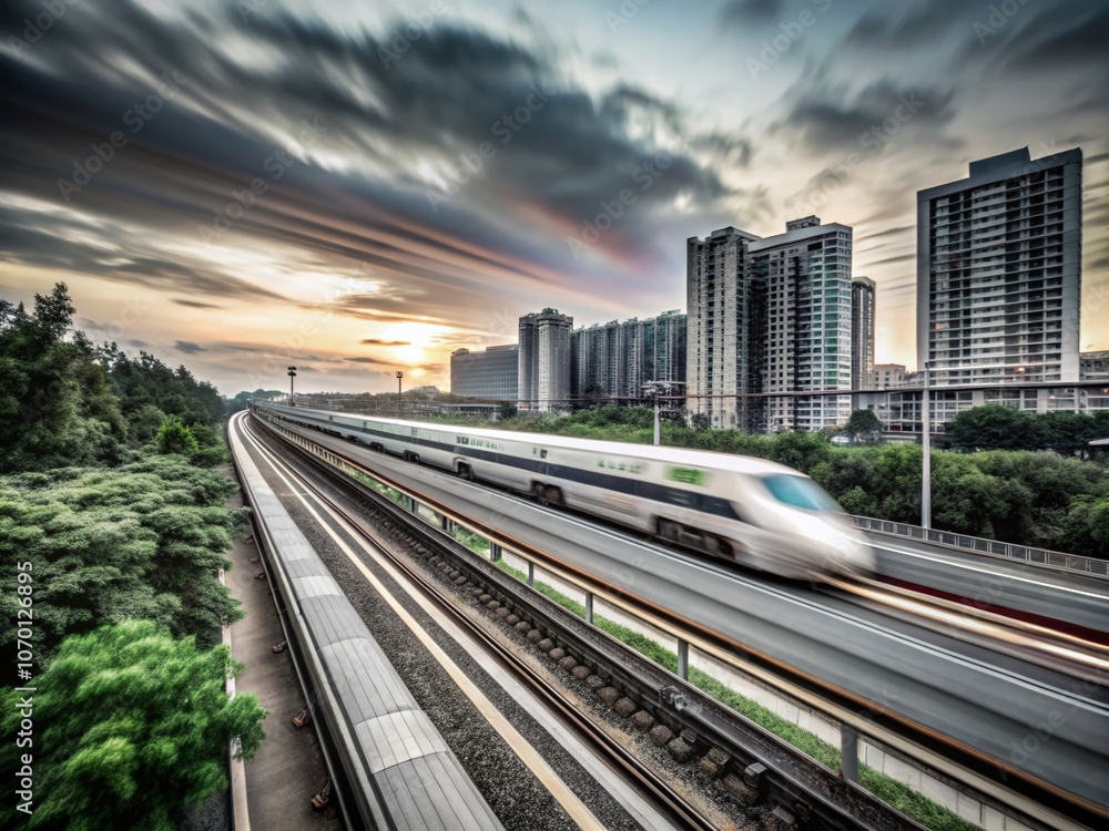 Naklejka premium Captivating Long Exposure Photography of the Zhongli Line High-Speed Rail, Showcasing Its Dynamic Motion Against a Stunning Urban Backdrop at Dusk