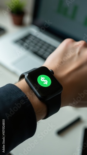 Digital watch on hand with dollar icon, representing expense tracking, finance management, and budgeting.