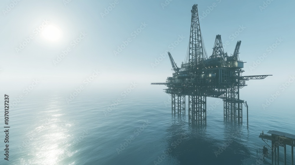 View from above of an offshore drilling platform, solitary in the endless ocean, with rippling water and clear, expansive sky. View from above of an offshore drilling platform, solitary in the endless ocean, with rippling water and clear, expansive sky.