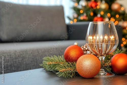 Menorah and Christmas Decor on a Festive Table photo