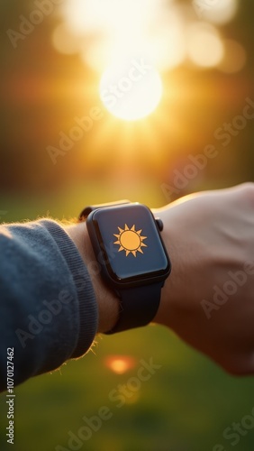 Smartwatch on hand with wellness display, ideal for tracking health, fitness, and daily activities. Perfect for tech-savvy, active lifestyles.