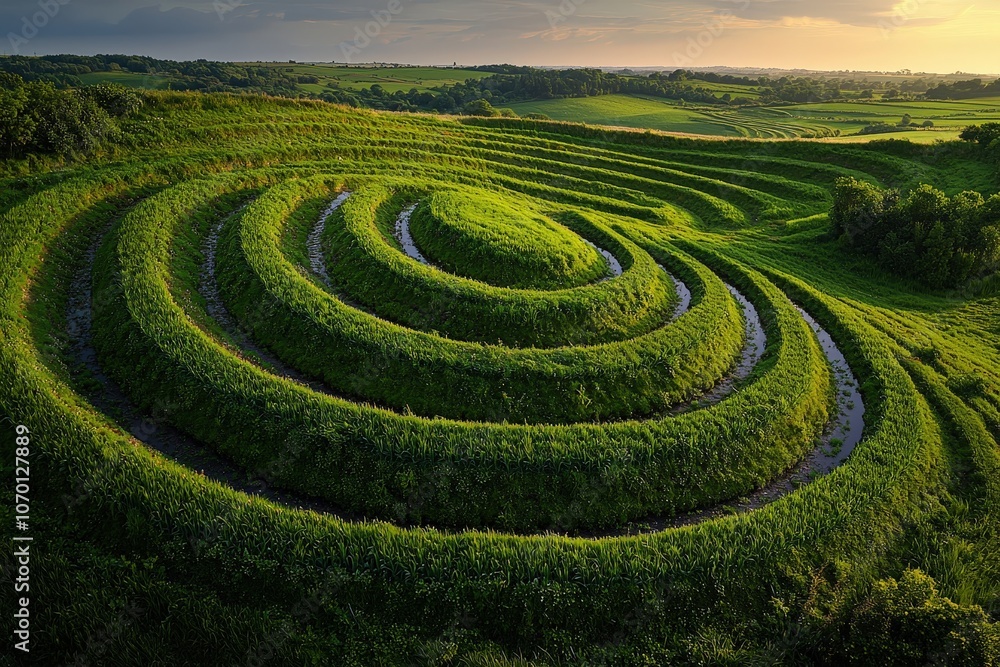 Aerial view of lush green spiral maze in rural landscape at sunset Aerial view of lush green spiral maze in rural landscape at sunset